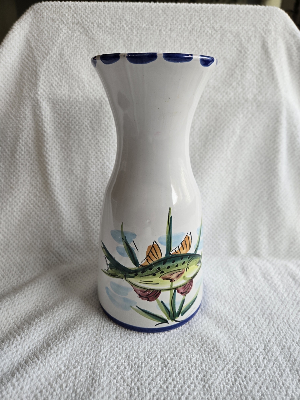 Hand-Painted Fish Ceramic Vase in White and Blue